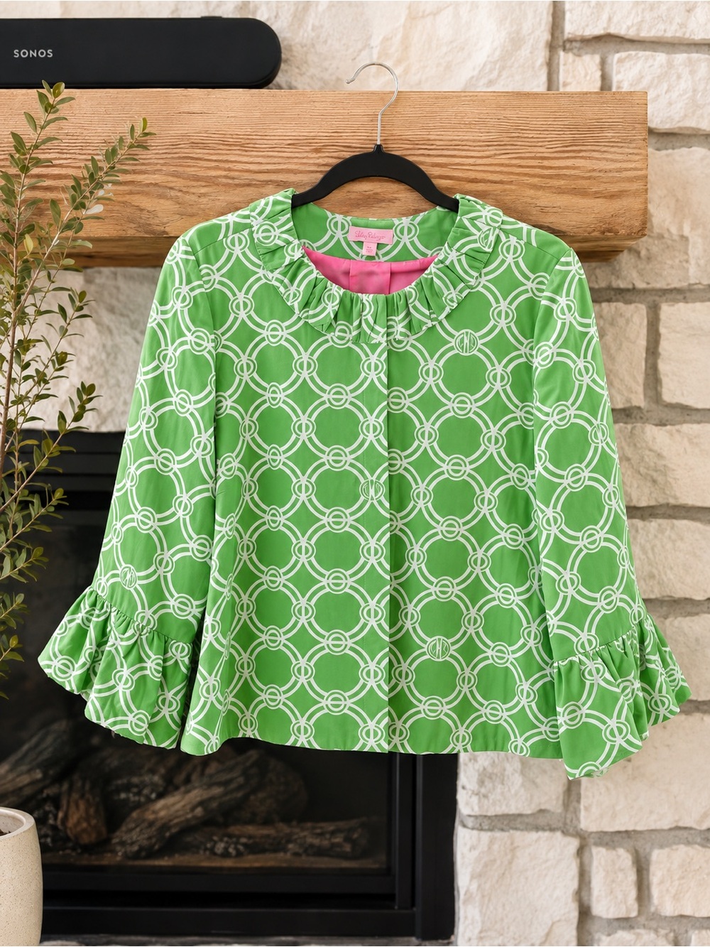 Lilly Pulitzer Green Geometric Ruffle Jacket Pink Lining Bell Sleeves 10